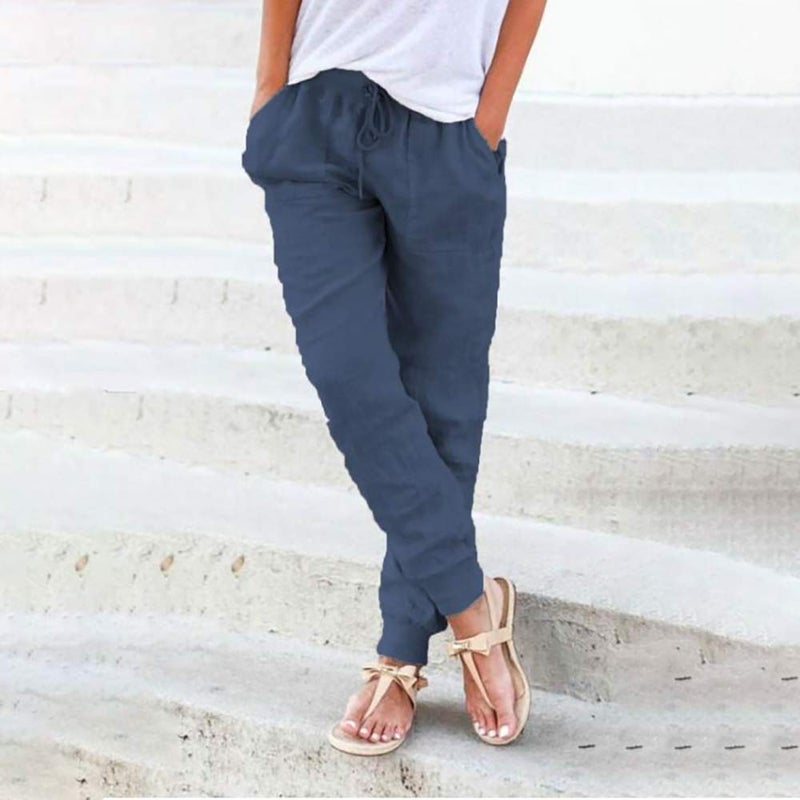 Puimentiua Womens Tapered Pants Cotton Linen Drawstring Back Elastic Waist Pants Casual Trousers with Pockets - Image 5